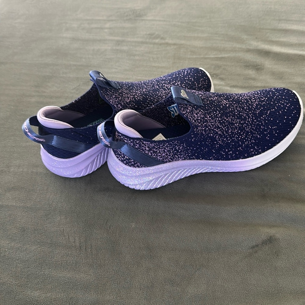 Kids Skechers purple glitter slip on sneakers